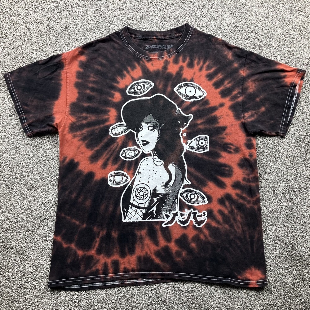 Zombie Make Out Club‎ Shirt Sz Large Tie Dye Witch Evil Eyes Acid Wash Hot Topic